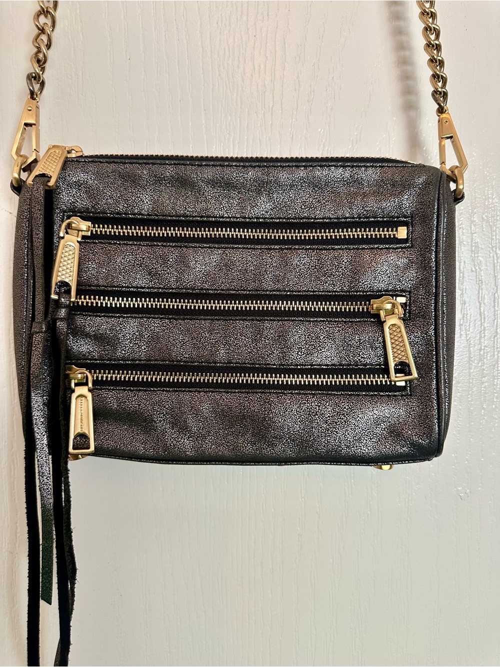 Rebecca Minkoff Mini 5-Zip Metallic Black Leather Crossbody Gold Hardware